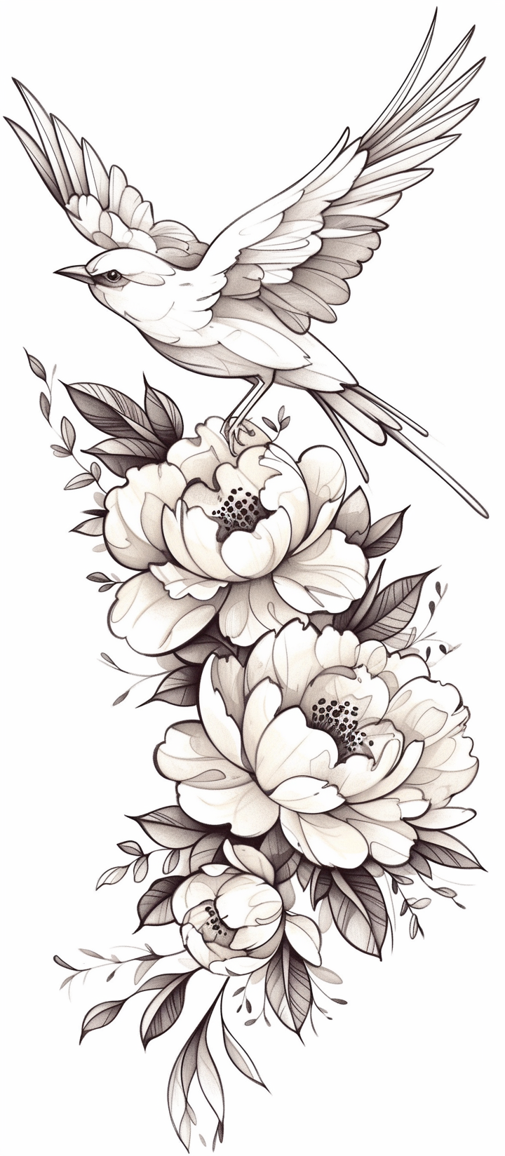 Songbird and Peonies Black and Grey Motif
