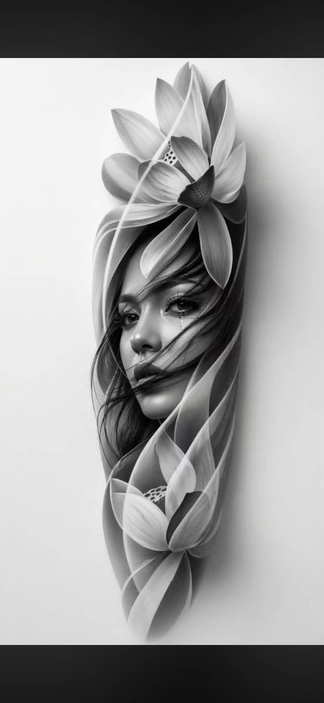 Black and Grey Realistic Woman with Lotus Flow