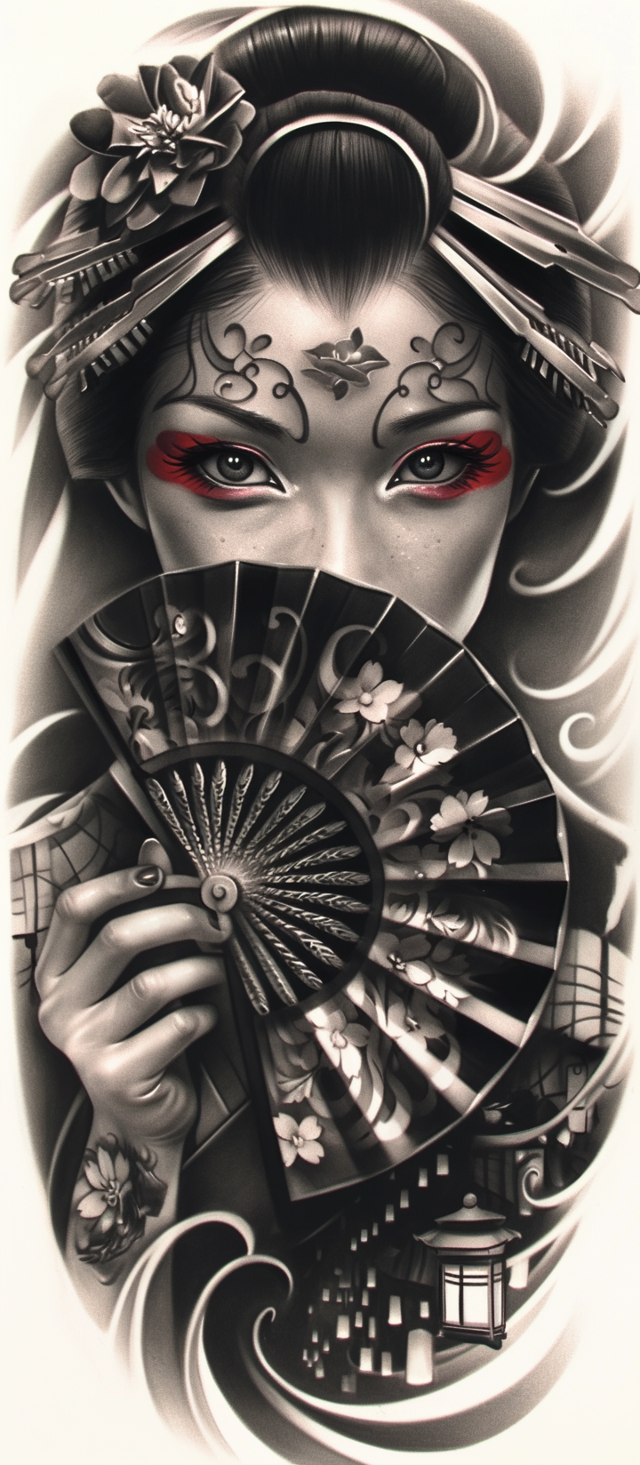 Japanese Geisha Portrait with Red Accents