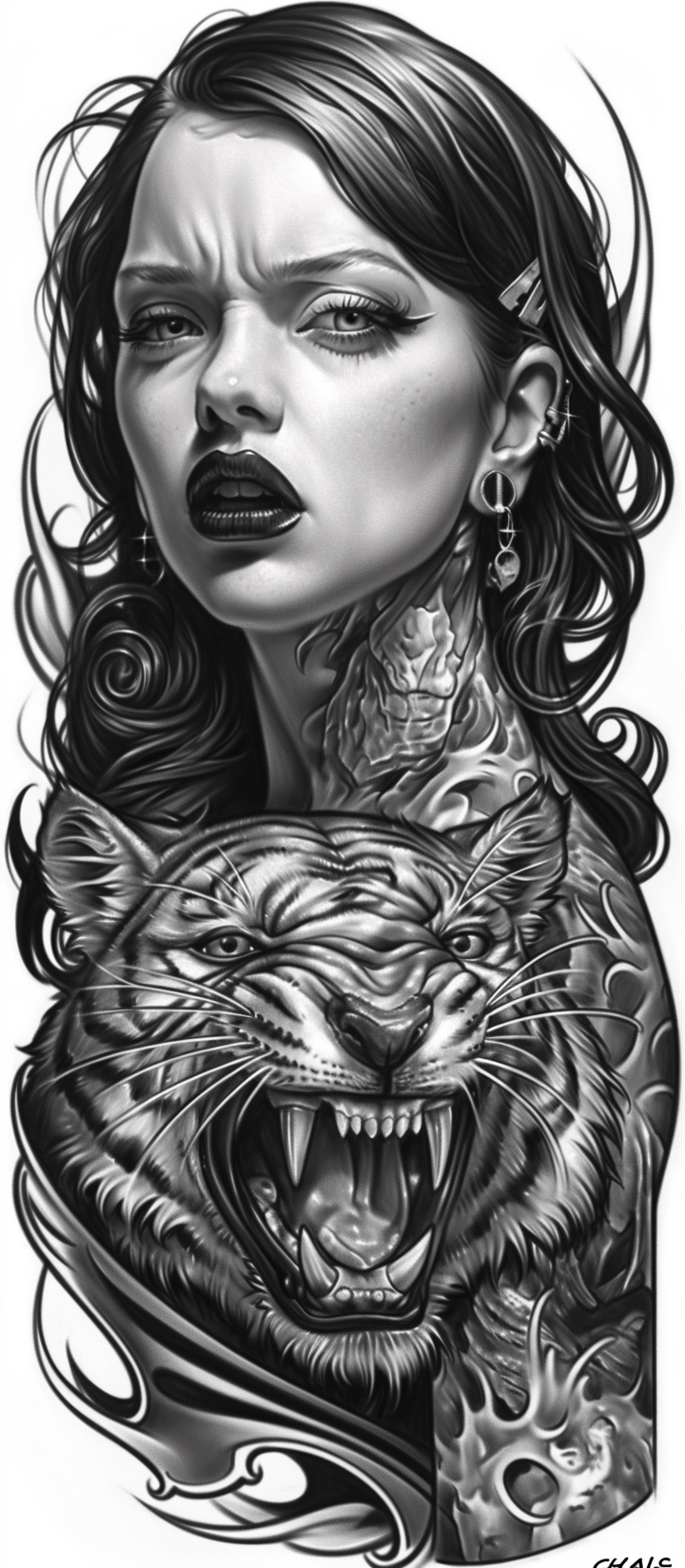 Intense Woman and Roaring Tiger Portrait