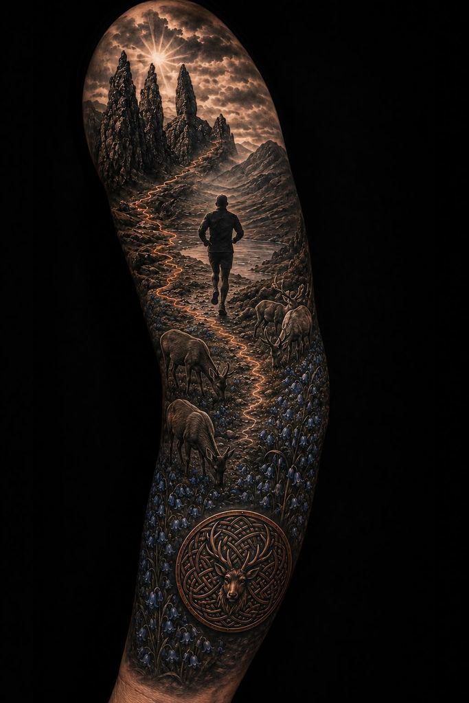 Mountain Trail Runner & Celtic Stag Sleeve