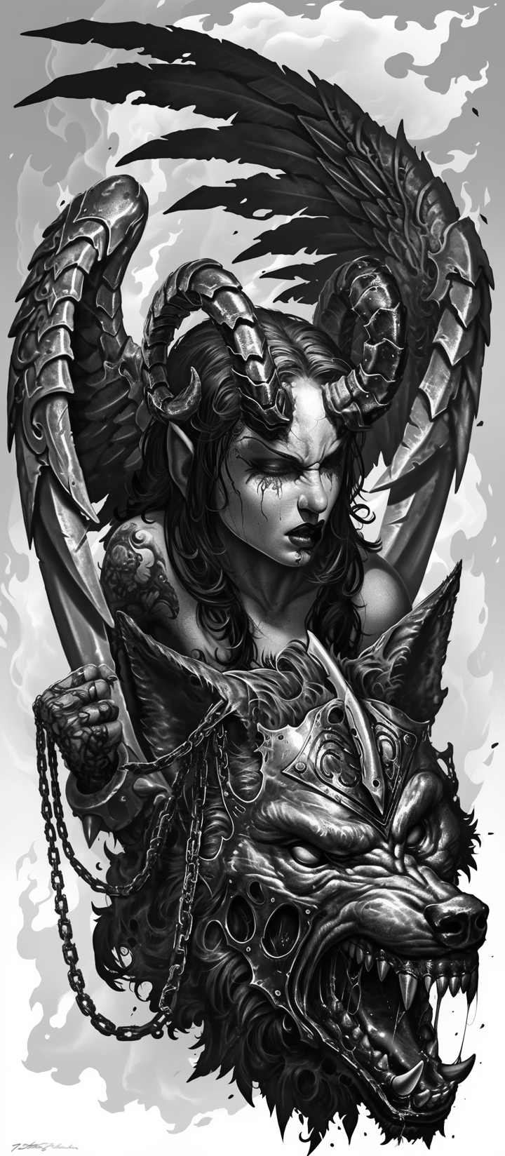 Dark Fantasy Demoness and Armored Wolf