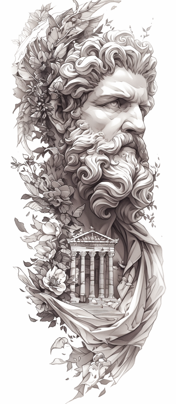 Mythological Bust and Temple with Flora
