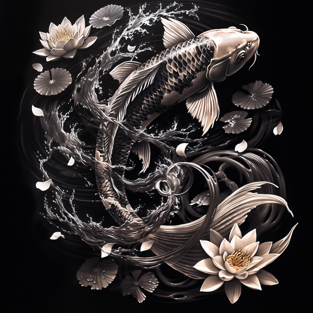Black and Grey Koi with Lotus and Water