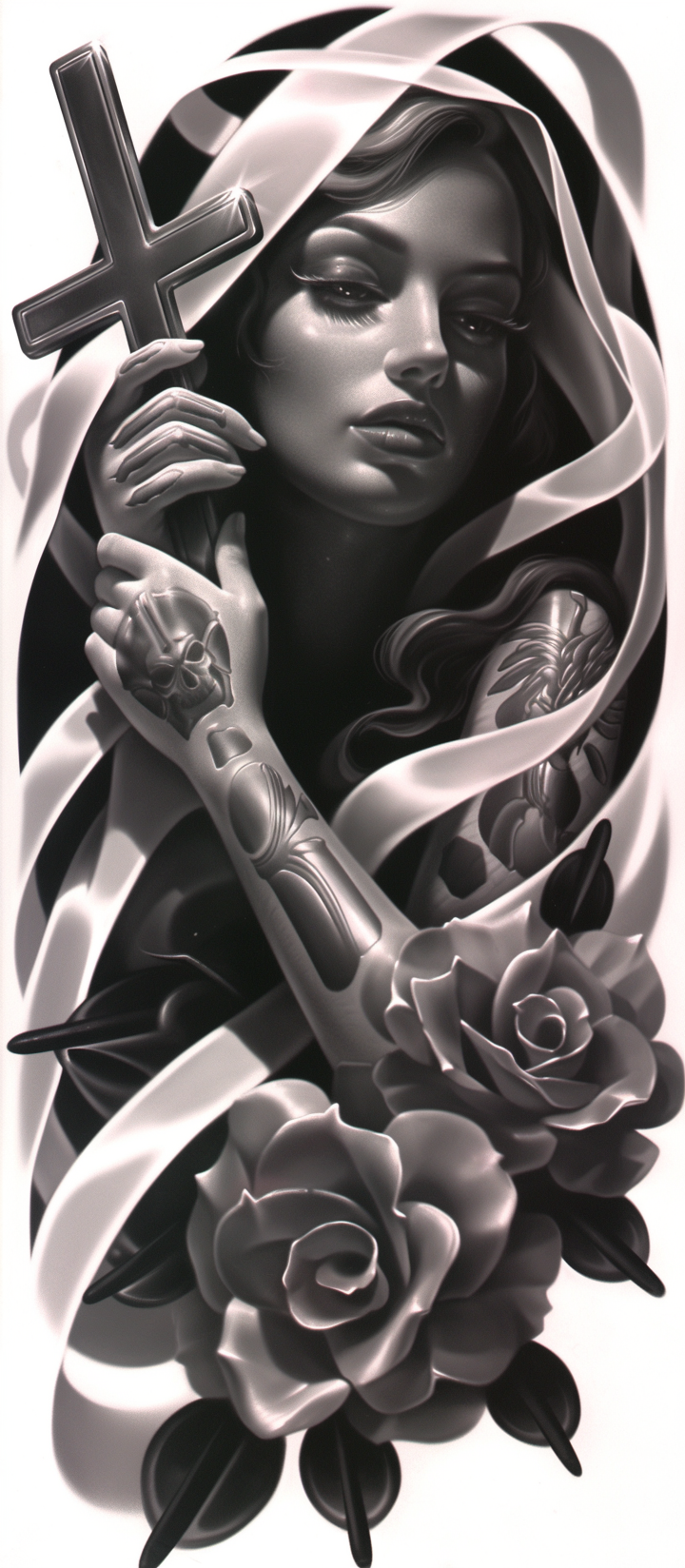 Black & Grey Woman with Cross and Roses