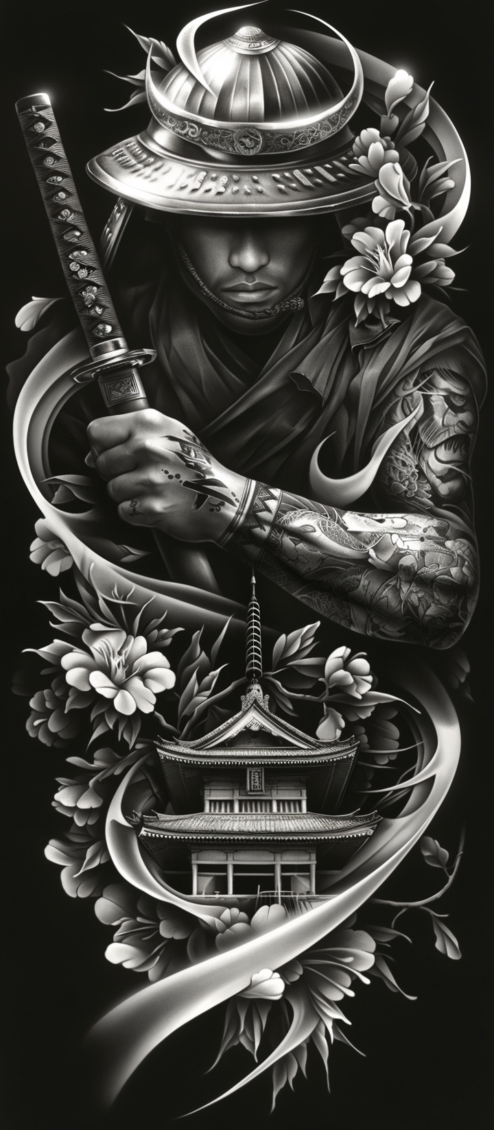 Samurai Warrior and Japanese Temple