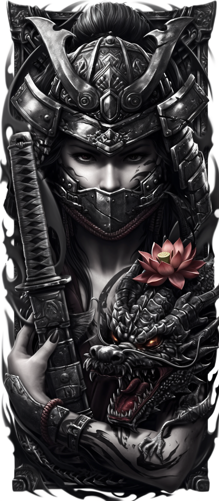 Warrior Woman with Dragon and Lotus