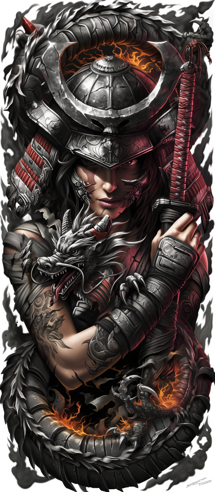 Dark Samurai Warrior and Dragon with Fiery Accents