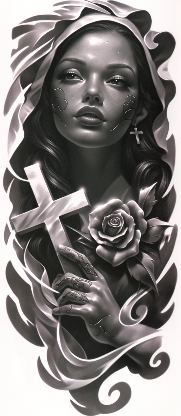 Chicano Style Woman Portrait with Rose and Cross