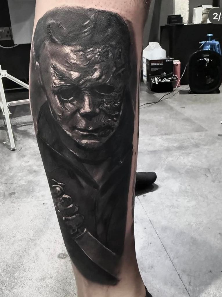 Burned Michael Myers Portrait Leg Tattoo