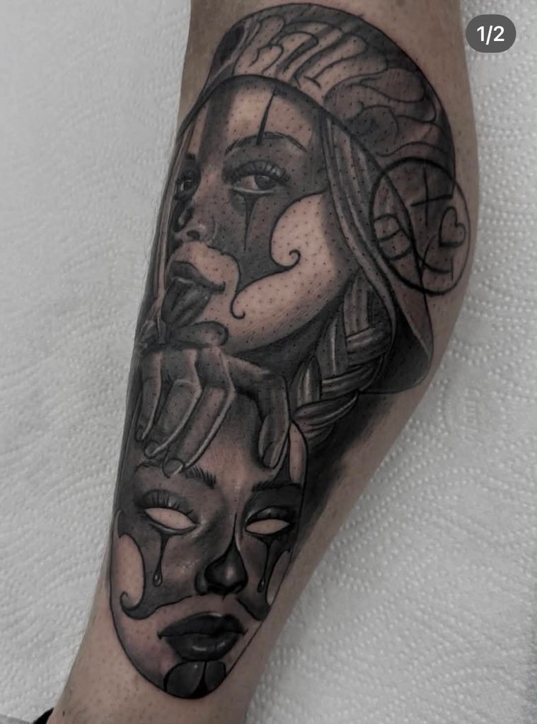 Chicano Style Sad Clown Girl with Mask