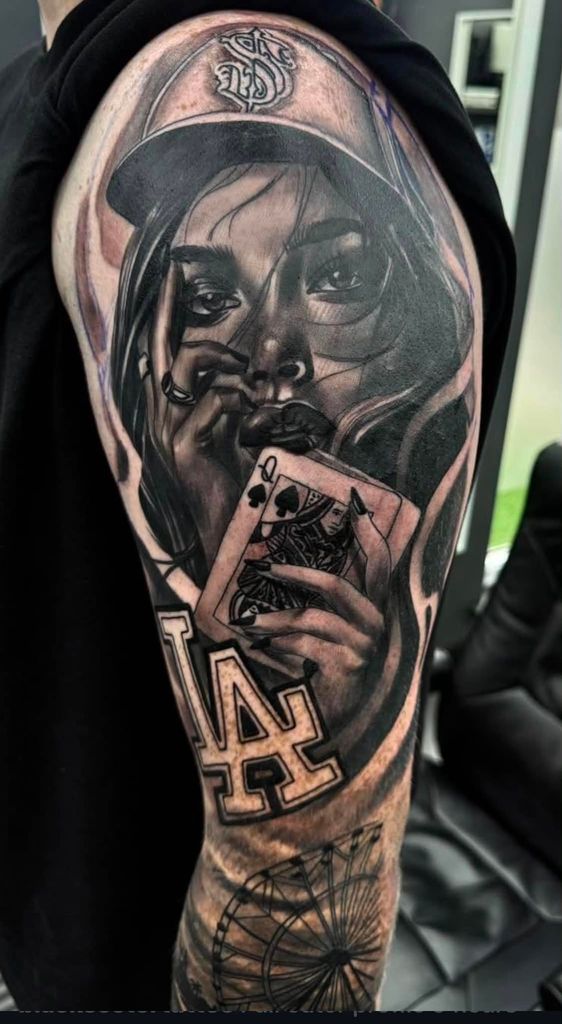 Chicano Portrait with Queen of Spades and LA Theme